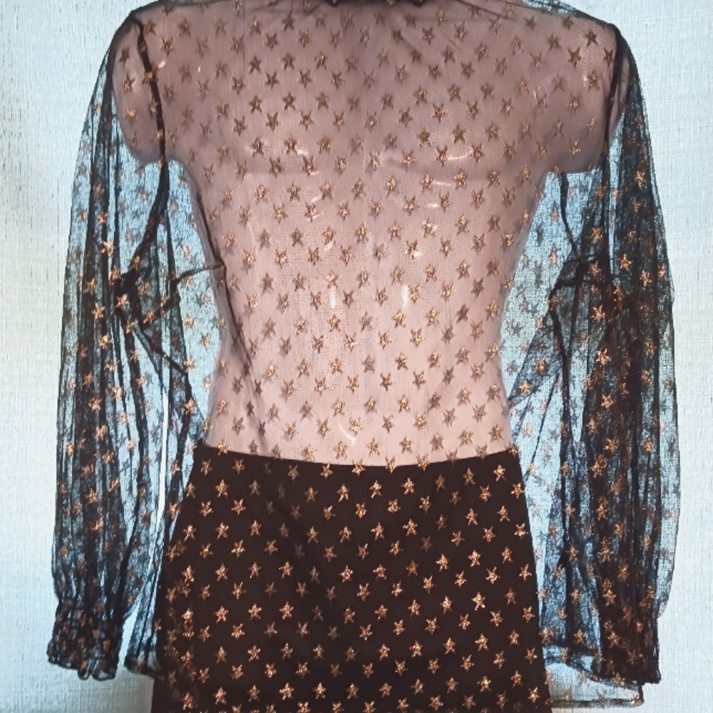 Mesh like top with gold star shape sparkles and ruffley collar and wrists.